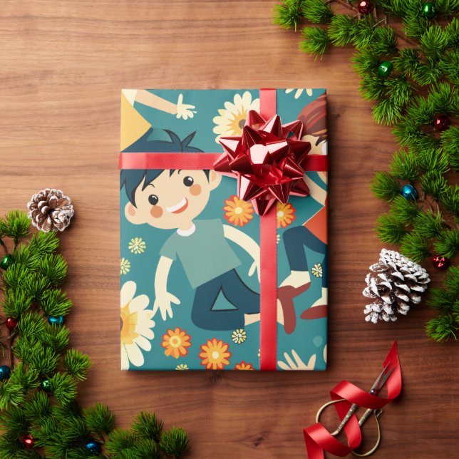 Cheerful Boys Blommigt Anpassningsbar Mönster Presentpapper (Julgåva)
