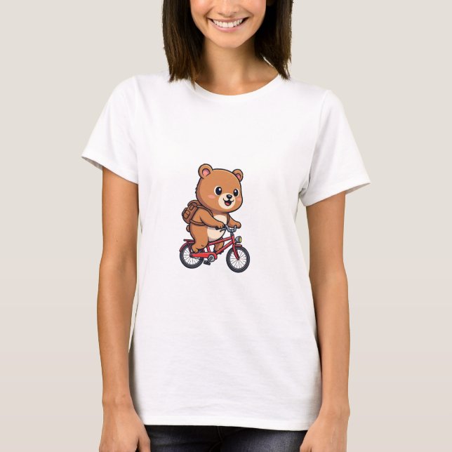 Cheerful Brown Bear Riding Red Bicycle T Shirt (Framsida)