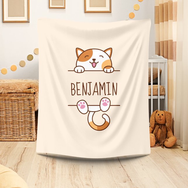 Cheerful Calico Cat Peeking Custom Name Beige Fleecefilt (Skapare uppladdad)