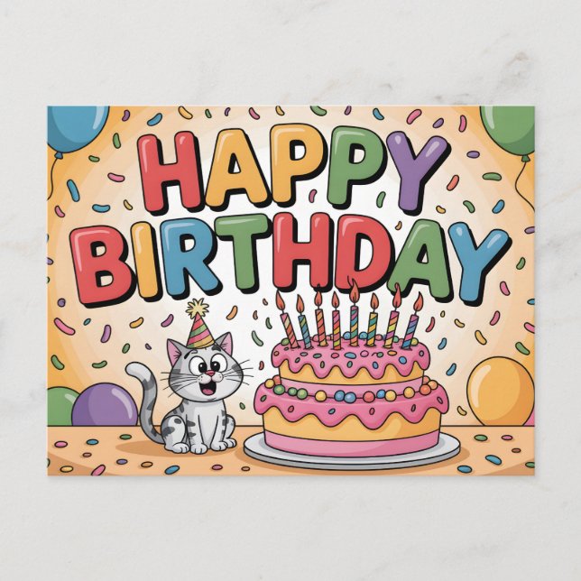 Cheerful Cartoon Cat Happy Birthday Illustration Vykort (Framsida)
