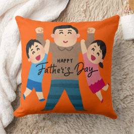 Cheerful Cartoon Dad Hugging Two Kids Kudde