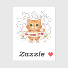 Cheerful Cat with New Year Banner Welcome 2026 Klistermärken