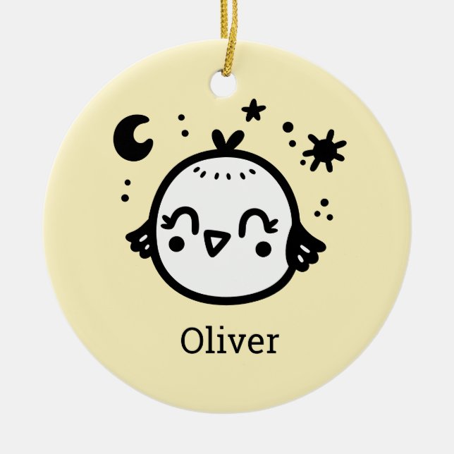 Cheerful Chick - Kawaii Bird Line Art" Julgransprydnad Keramik (Framsidan)