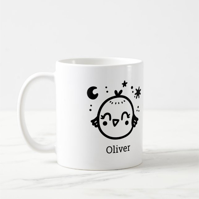 Cheerful Chick - Kawaii Bird Line Art" Kaffemugg (Vänster)