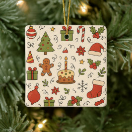 Cheerful Christmas Doodle Pattern Julgransprydnad Keramik