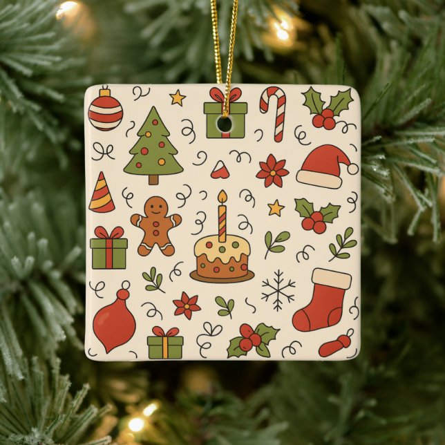 Cheerful Christmas Doodle Pattern Julgransprydnad Keramik (Träd)