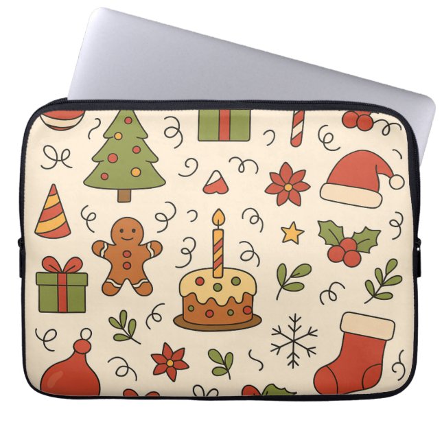 Cheerful Christmas Doodle Pattern Laptop Fodral (Framsidan)