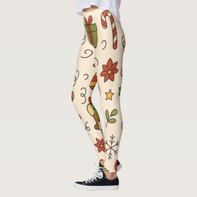 Cheerful Christmas Doodle Pattern Leggings (Vänster)