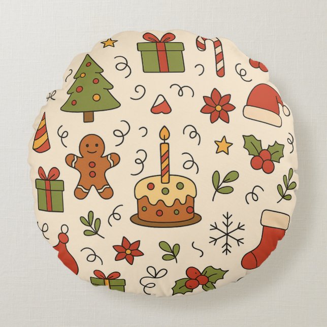 Cheerful Christmas Doodle Pattern Rund Kudde (Framsidan)