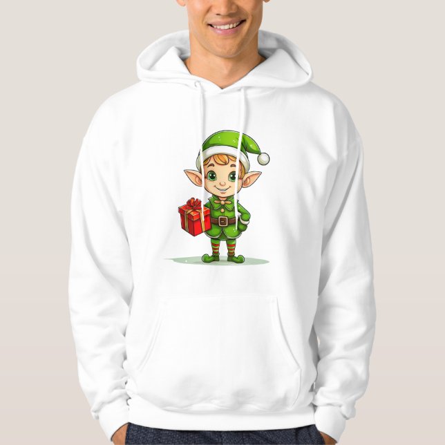 Cheerful Christmas Elf with Gift – Holiday Hoodie (Framsida)