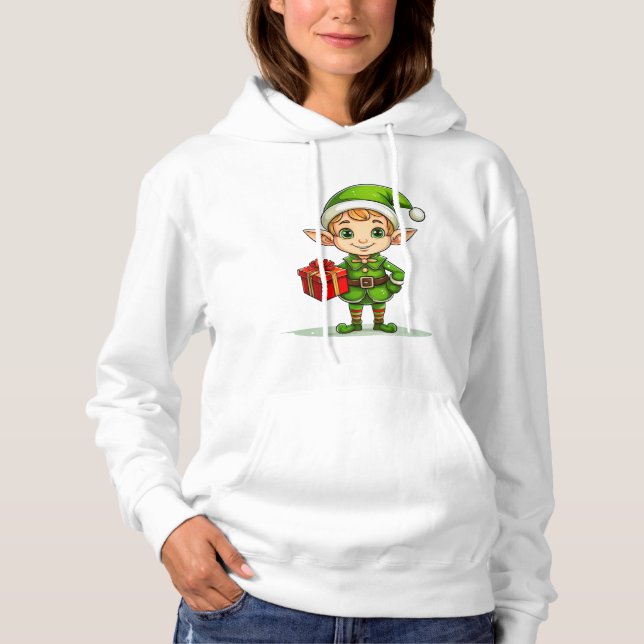 Cheerful Christmas Elf with Gift – Holiday Hoodie T Shirt (Framsida)