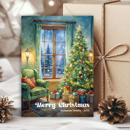 Cheerful Christmas scene card rustic holiday tones Julkort