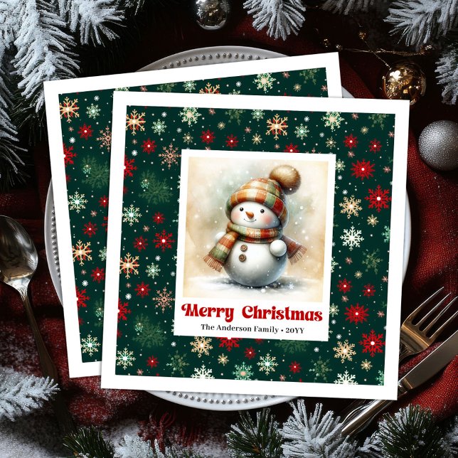 Cheerful Christmas Snowman Napkins Custom Name  Pappersservett (Bright funny snowman watercolor kids napkins)