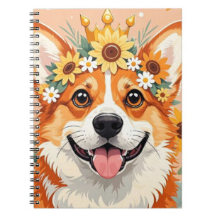Cheerful corgi hund krona av daisy och solblommor anteckningsbok