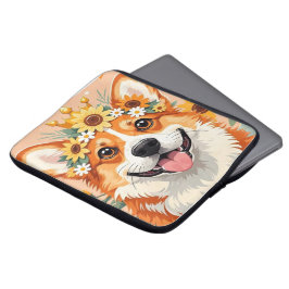 Cheerful corgi hund krona av daisy och solblommor laptop fodral
