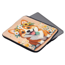 Cheerful corgi hund krona av daisy och solblommor laptop fodral