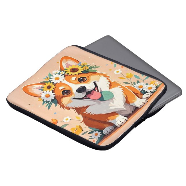 Cheerful corgi hund krona av daisy och solblommor laptop fodral (Framsida topp)