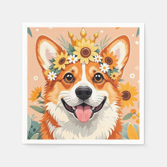 Cheerful corgi hund krona av daisy och solblommor pappersservett (Framsidan)