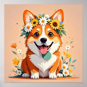Cheerful corgi hund krona av daisy och solblommor poster