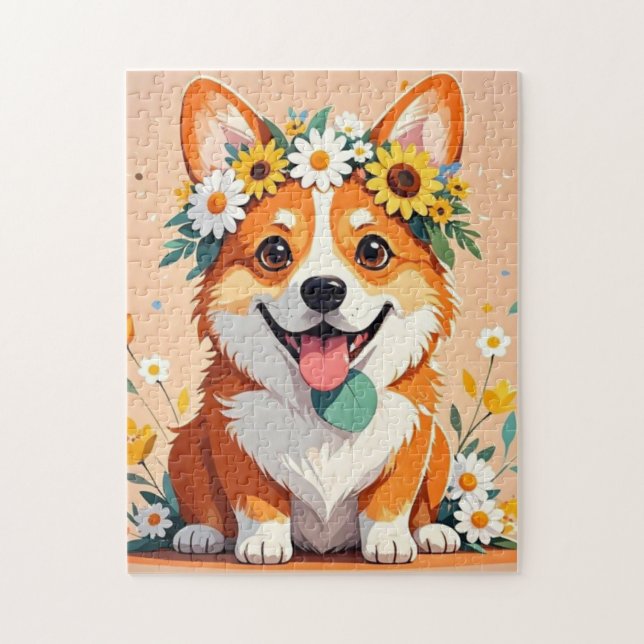 Cheerful corgi hund krona av daisy och solblommor pussel (Vertikal)