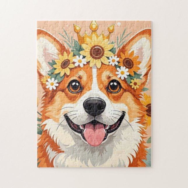 Cheerful corgi hund krona av daisy och solblommor pussel (Vertikal)