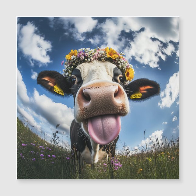 Cheerful Cow i Bloom Magnetisk Inbjudningskort (Framsida)
