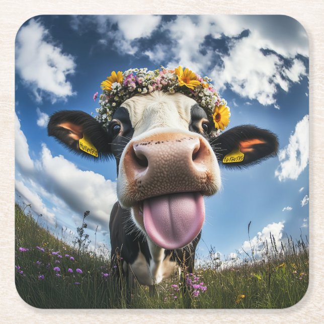Cheerful Cow i Bloom Underlägg Papper Kvadrat (Framsidan)