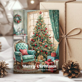 Cheerful cozy Christmas interior rustic red green Julkort