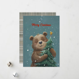 Cheerful Cute Bear Hugger Julgran Julkort