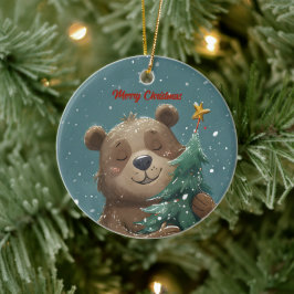 Cheerful Cute Bear Hugging Christmas Tree Julgransprydnad Keramik