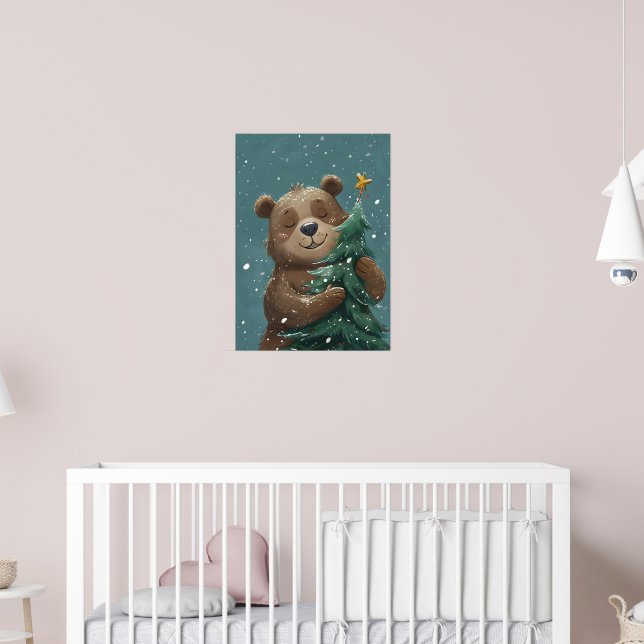 Cheerful Cute Bear Hugging Christmas Tree  Poster (Barnkammare 2)