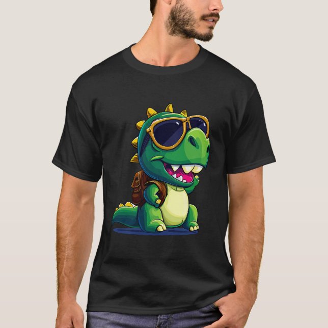 Cheerful Dino Embarks på en skola Äventyr T Shirt (Framsida)
