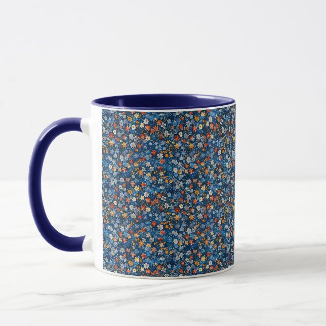 Cheerful Ditsy Wildblomme Skriv ut Indigo Blue Mug Mugg (Vänster)