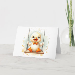 Cheerful Duckling på en vit vattenfärg tom Kort