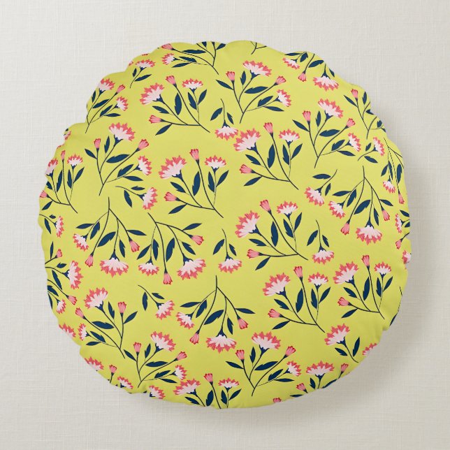  Cheerful Floral Pattern: Pink Flowers  Rund Kudde (Framsidan)