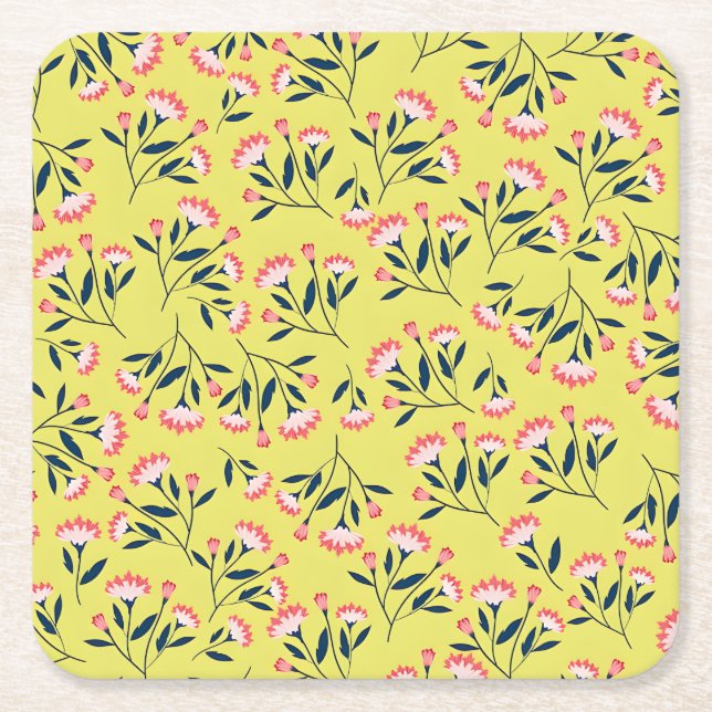  Cheerful Floral Pattern: Pink Flowers  Underlägg Papper Kvadrat (Framsidan)