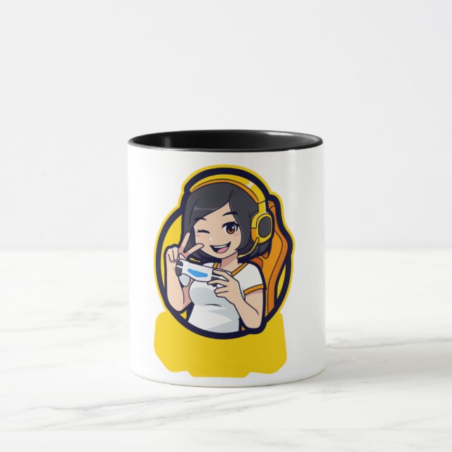Cheerful Gamer Girl Tecknad Coffee Mugg (Center)