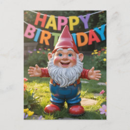 Cheerful Garden Gnome with "Happy Birthday" Banner Vykort