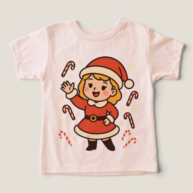 Cheerful Girl Santa with Candy Canes T Shirt (Design Framsida)