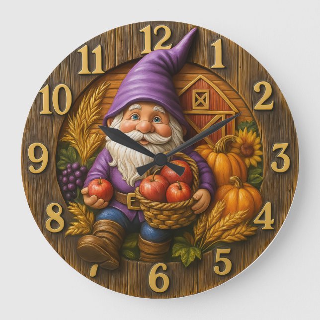 Cheerful gnome with apple basket harvest stor klocka (Framsida)