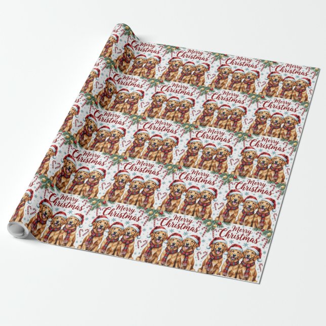Cheerful Golden Retriever Dogs Merry Christmas Presentpapper (Utrullad)