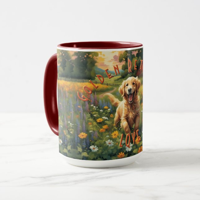 Cheerful Golden Retriever Frolicking vid Sunrise Mugg (Framsida vänster)