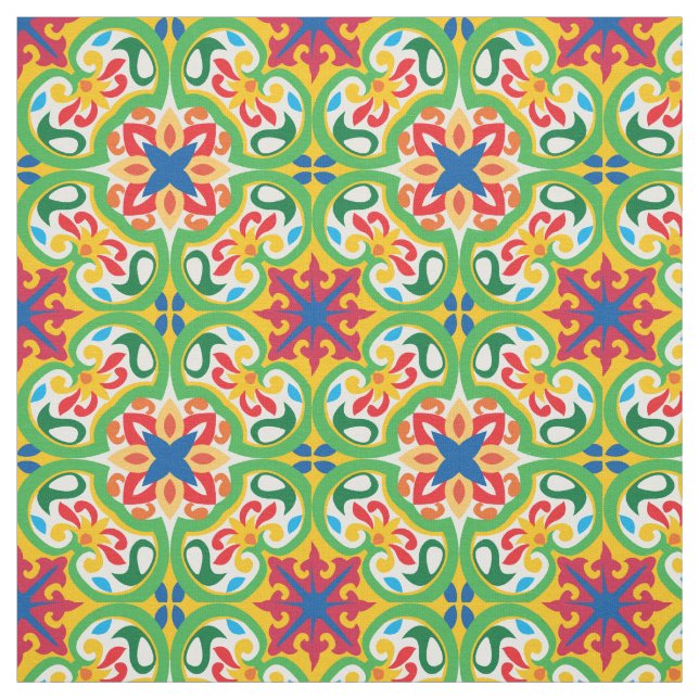 Cheerful grönt, gult och red Azulejo Tyg (Provkarta)