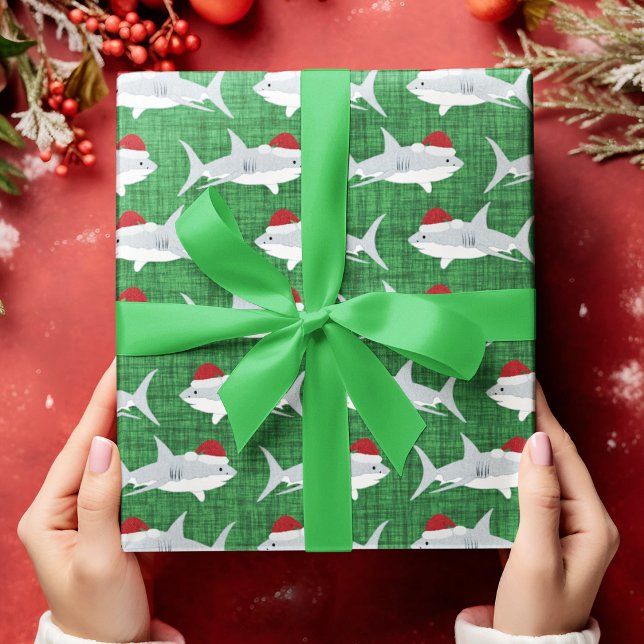 Cheerful Grönt Shark Santa Hat Design Presentpapper (Shark Santa Green Fabric Look Background Wrapping Paper)