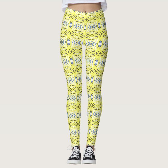 Cheerful Gult Blue Grått Geometric Mönster Gym Leggings (Framsida)