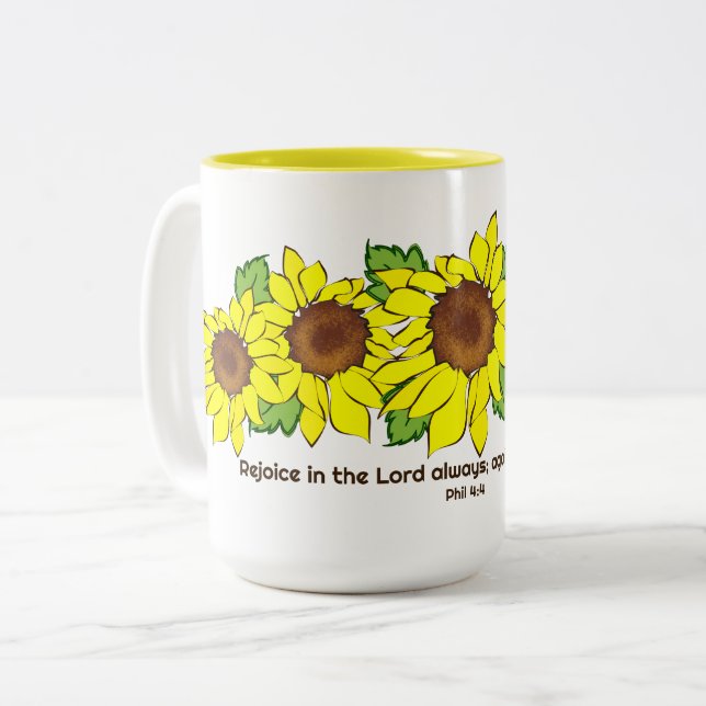 Cheerful Gult Solblommor Rejoice in Lord Två-Tonad Mugg (Framsida vänster)