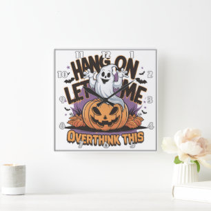 Cheerful Halloween-spökslinga upp en kardad pumpa Fyrkantig Klocka