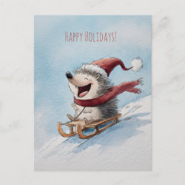 Cheerful hedgehog rides sled down, Christmas  Vykort