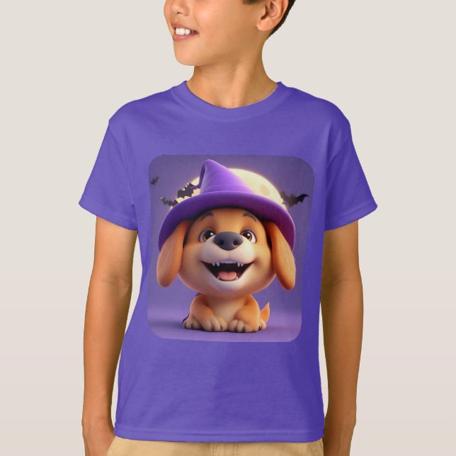 Cheerful Hund nedtryckt som Witch Hat T Shirt (Framsida)