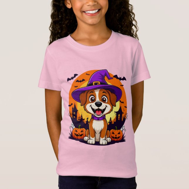Cheerful Hund tryckt som Witch Amid Halloween T Shirt (Framsida)